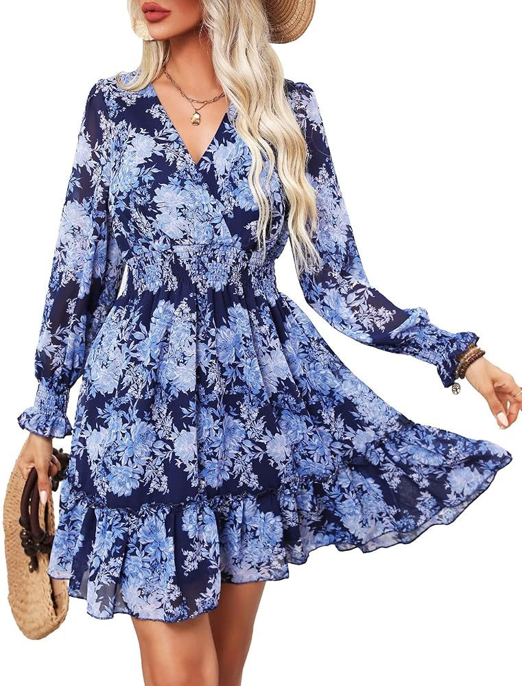 Prettywear Women's Floral Chiffon Long Sleeve Mini Dress Flowy A-Line Wrap Neck Tie Back Short Dr... | Amazon (US)