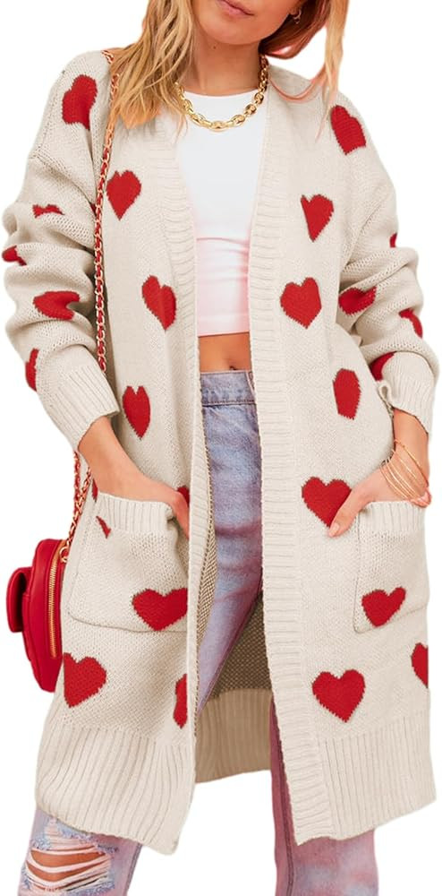 Mtsebmves Womens Long Cardigan Love Heart Open Front Sweater Long Sleeve Chunky Knit Cardigan | Amazon (US)