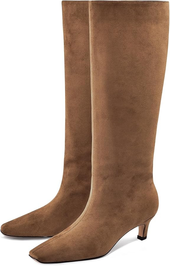Adrizzlein Knee High Boots Women Kitten Heel Square Toe Tall Boots Wide Calf Pull On Long Boots | Amazon (US)