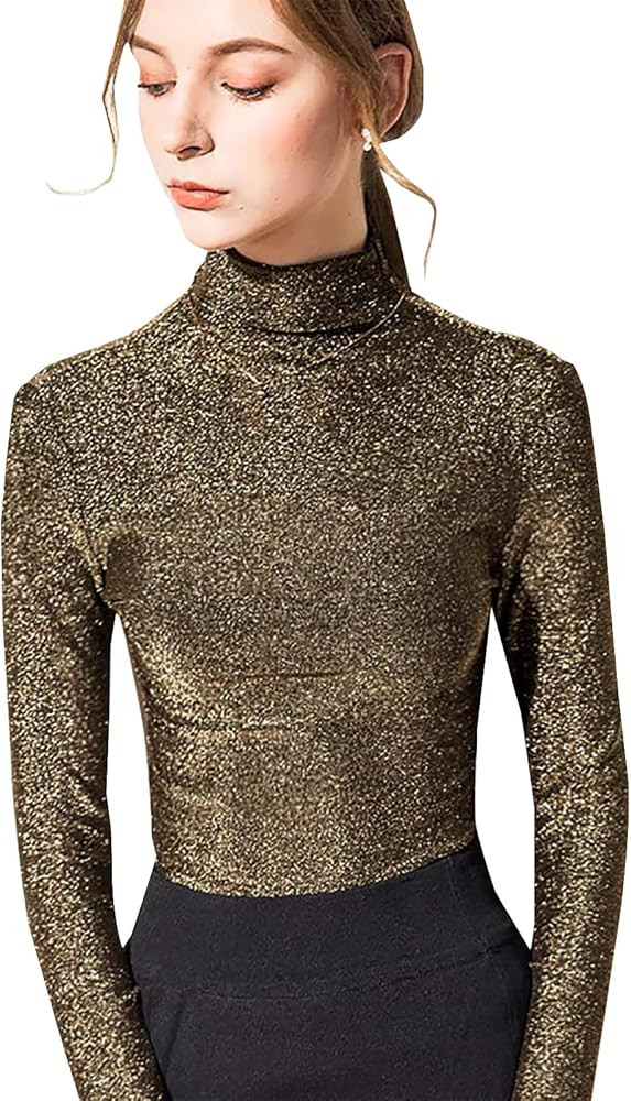 LONGBIDA Women's Slim fit Long Sleeve Turtleneck Glitter Tee Blouse Tops | Amazon (US)