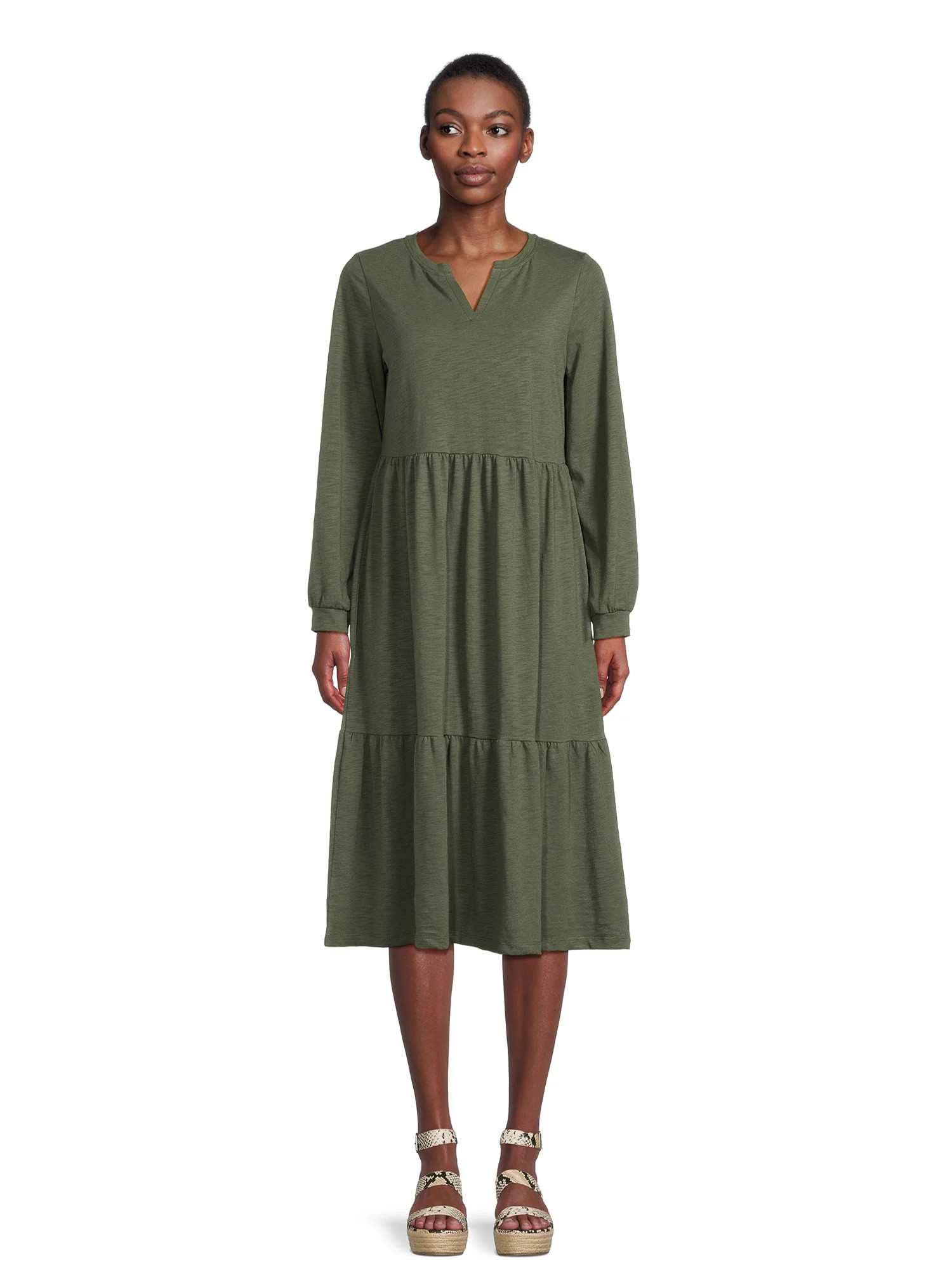 Time and Tru Women's Knit Tiered Midi Dress | Walmart (US)