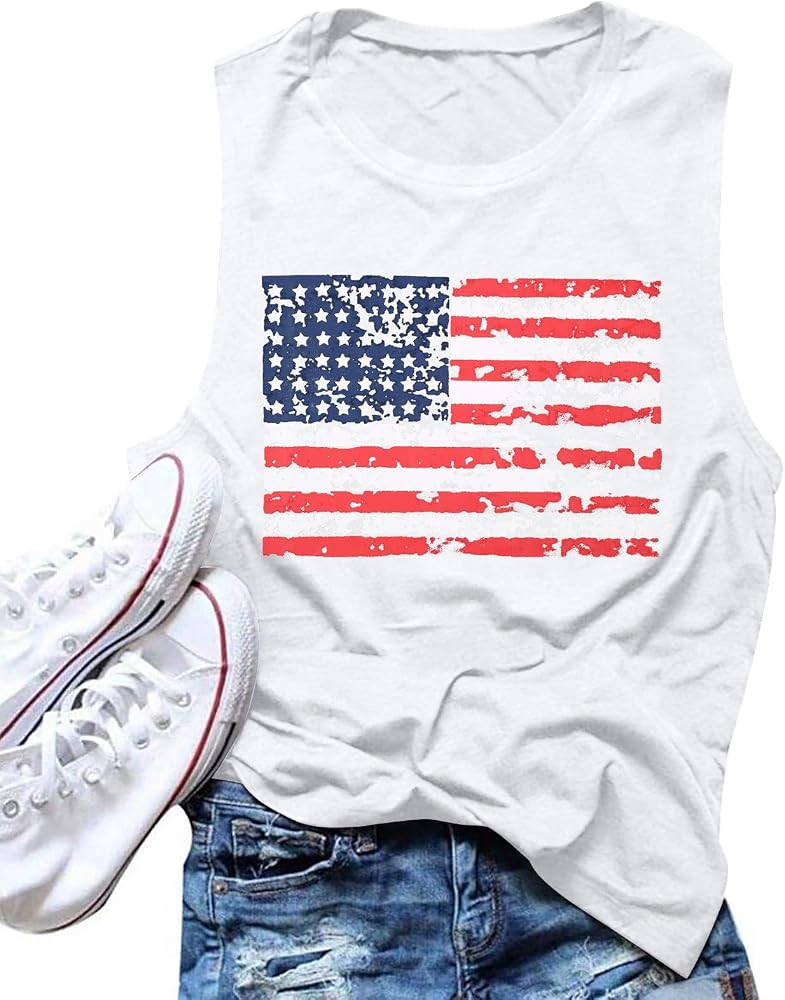 FAYALEQ American Flag Print Tank Tops Women USA Stars Stripes Patriotic T Shirt Summer Loose Vest... | Amazon (US)