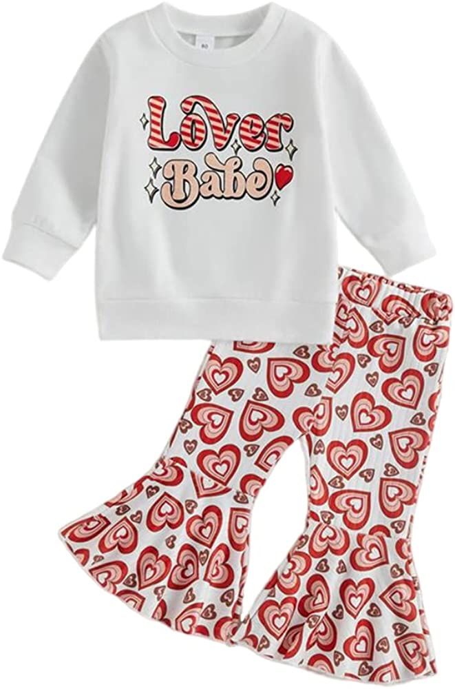 Toddler Baby Girl Valentines Day Outfit Kid Cute Heart Pizza Letter Print Sweatshirt Top Flared P... | Amazon (US)