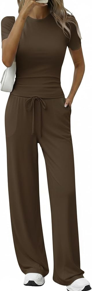 Women's 2 Piece Set Soft Lounge Sets Short Sleeve Slim Tops and High Waisted Wide Leg Pants Outfi... | Amazon (US)