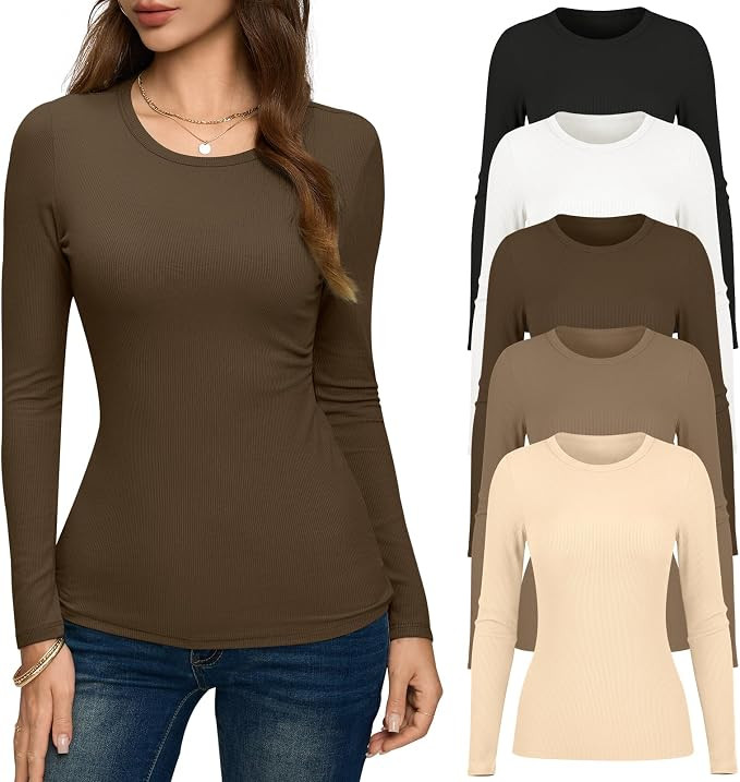 Popclub Women's Ribbed 5 Pack Long Sleeve Shirts Basic Layering Tops Tight | Amazon (US)