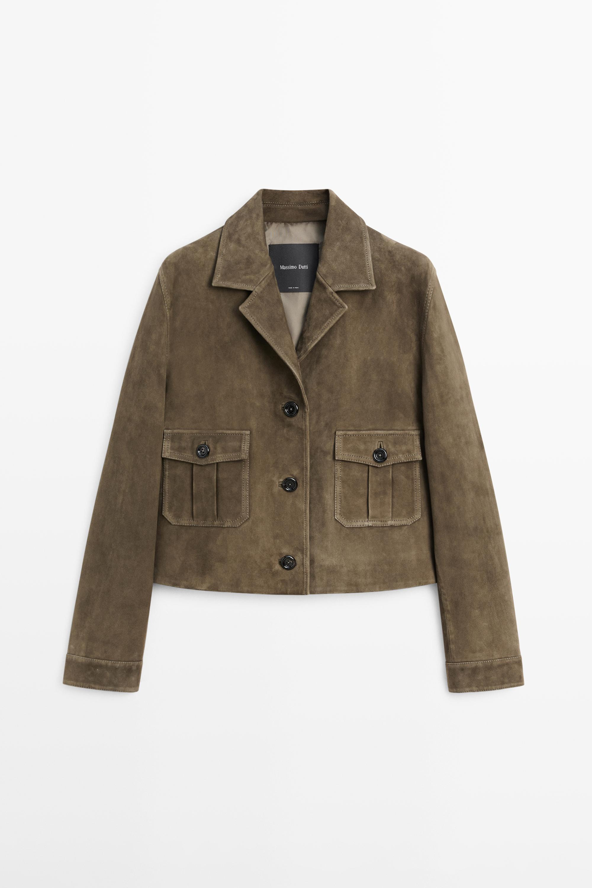 Short suede leather jacket · Khaki · Bomberâ Jacket | Massimo Dutti | Massimo Dutti UK