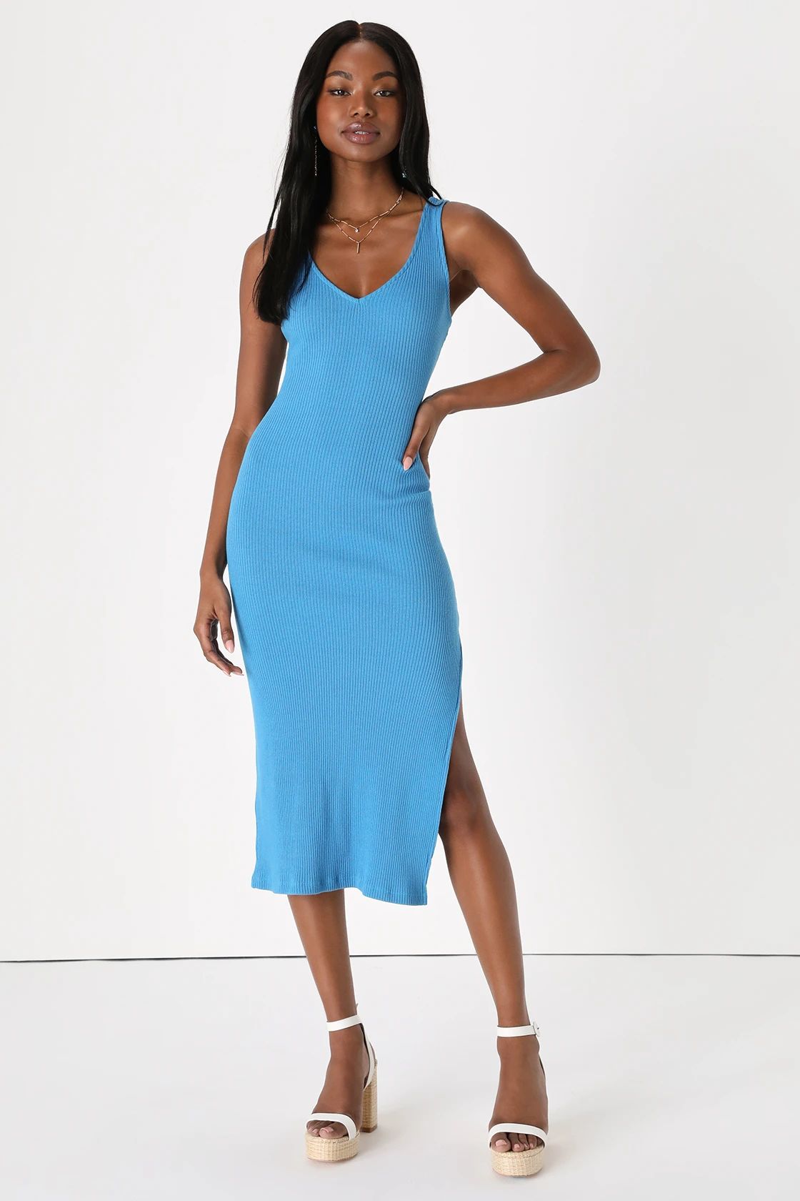 Beauty in Simplicity Blue Ribbed Bodycon Midi Dress | Lulus (US)