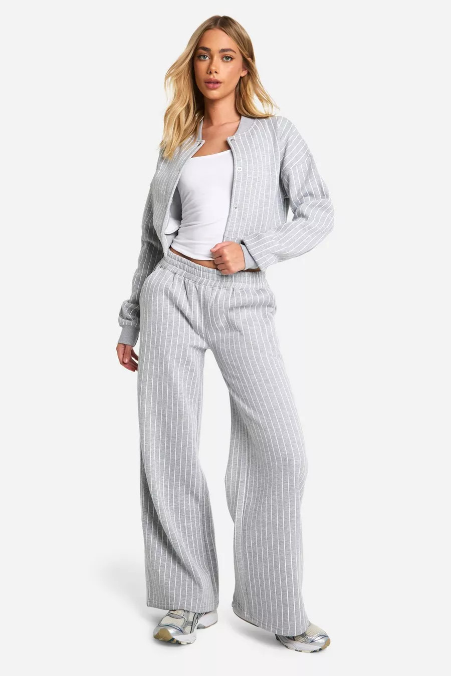 Pinstripe Popper Detail Sweatshirt Bomber Tracksuit | boohoo (US & Canada)