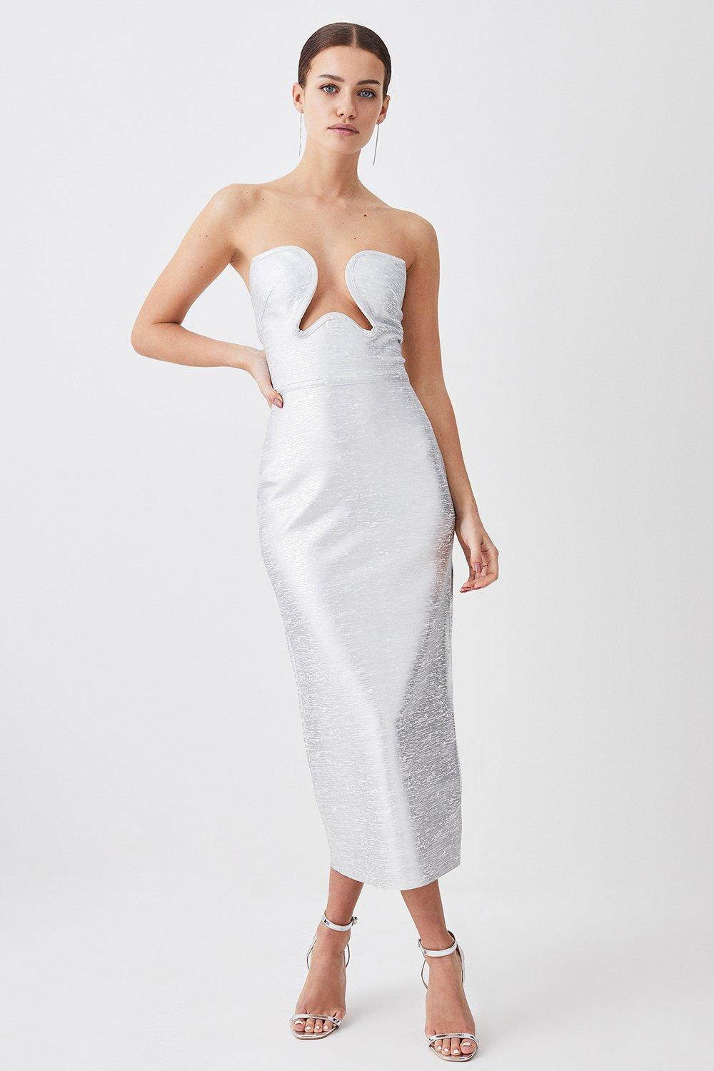 Foiled Bandage Corset Detail Knit Midi Dress | Karen Millen UK + IE + DE + NL