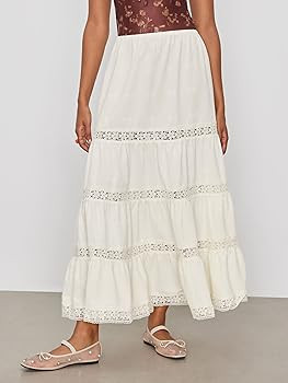 CIDER Santorini Beach Vacation Woven Mid Rise Floral Ruffle Hem Tiered Maxi Skirt | Amazon (US)