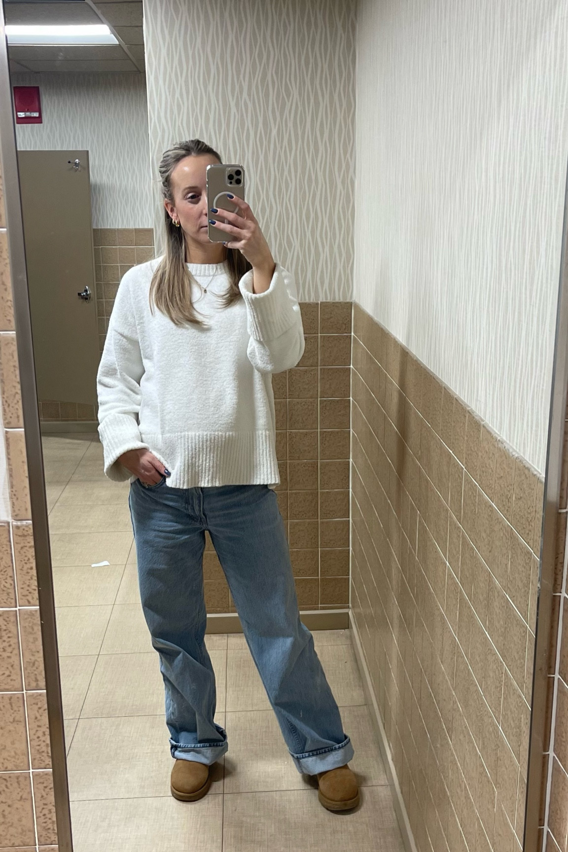 Bump outfit for winter casual comfy jeans denim sweater neutral Ugg Abercrombie amazon maternityy

#LTKBump