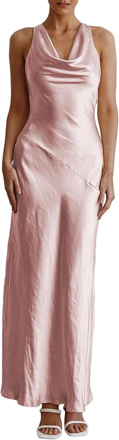 Women's 2025 Summer Satin Backless Elegant Dress for Wedding Guest Silk Sleeveless Cowl Neck Part... | Amazon (US)