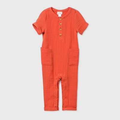 Baby Boys&#39; Gauze Pant Short Sleeve Romper - Cat &#38; Jack&#8482; Orange 18M | Target