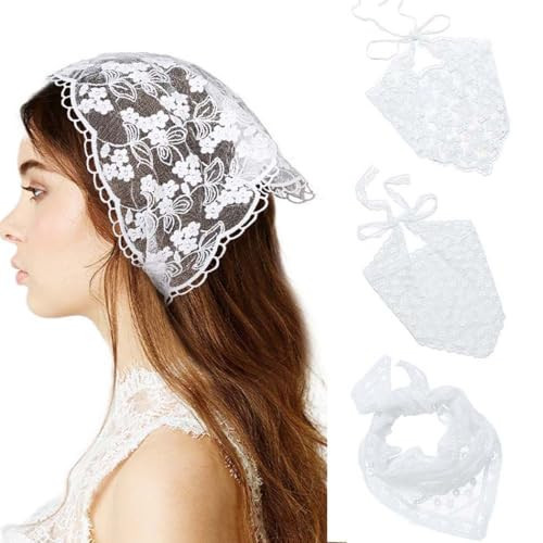 Woeoe 3Pcs Lace Floral Hair Bandanas Triangle Mesh Flower Head Kerchief Print Tie-back Hair Scarf Headband for Women Girls | Amazon (US)