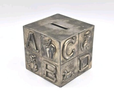 Vintage Coin Bank Children's ABC Cube Piggy Bank Silver Plated Metal | eBay US