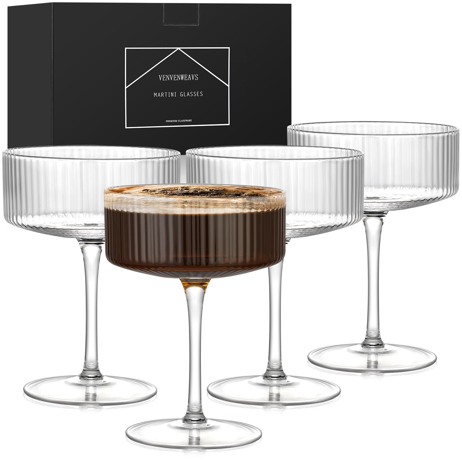 Coupe Glasses Set Of 4,Hand-blow10 Oz Vintage Cocktail Glasses,Ribbed Martini Glasses For Espresso Martini, Champagne,Cosmopolitan,Manhattan,Cocktail Party,Cocktail Glassware Gift Set | Amazon (US)