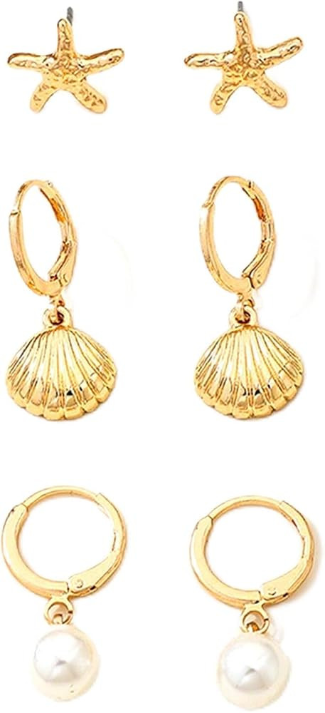 3Pairs Starfish Shell Conch Seashell Earrings Set for Women Coastal Statement Earring Summer Beac... | Amazon (US)