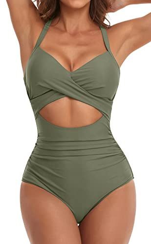 Eomenie Women's One Piece Swimsuits Tummy Control Cutout High Waisted Bathing Suit Wrap Tie Back 1 Piece Swimsuit Green | Amazon (US)