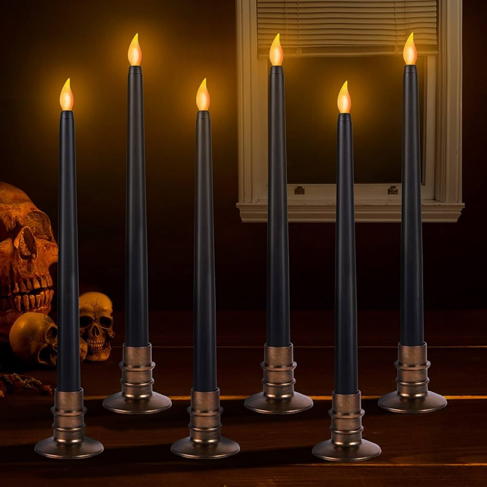 6 packs Black Halloween Candles- LED Flameless Candles with Bases, Flicker Flame, Tall Taper Cand... | Amazon (US)