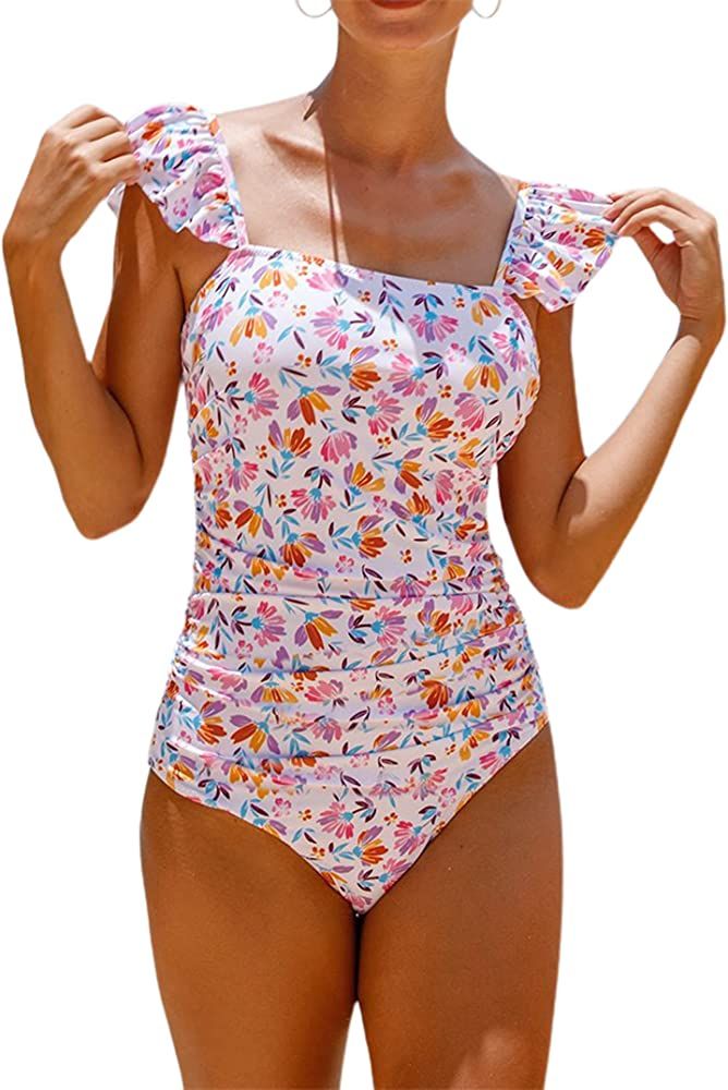 Hilinker Women's Ruffle Shoulder One Piece Bathing Suit Belted Leopard Color Block Swimsuit | Amazon (US)
