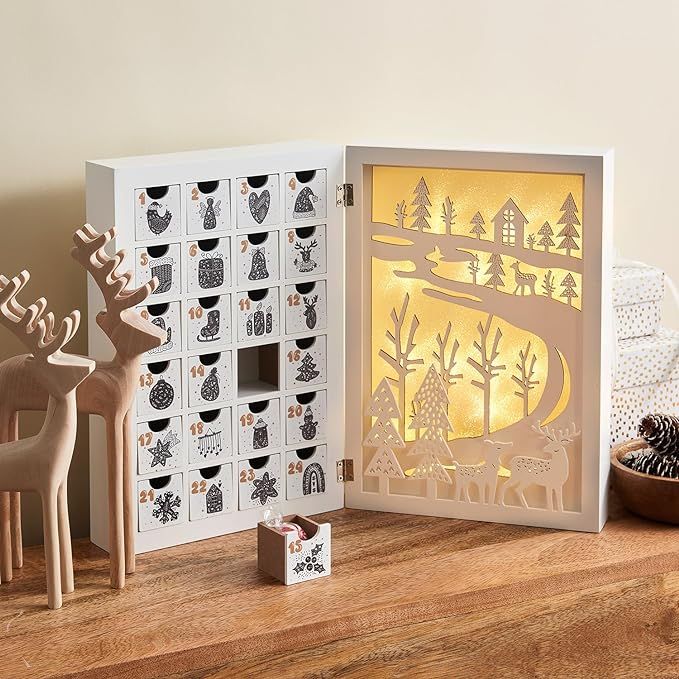Wooden Advent Calendar with Drawers, 12 Inch Reusable Advent Calendar with Lights, White Wood, Ba... | Amazon (US)