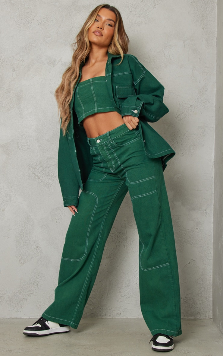 Forest Green Contrast Stitch Bandeau Denim Crop Top | Pretty Little Thing (Australia & New Zealand)