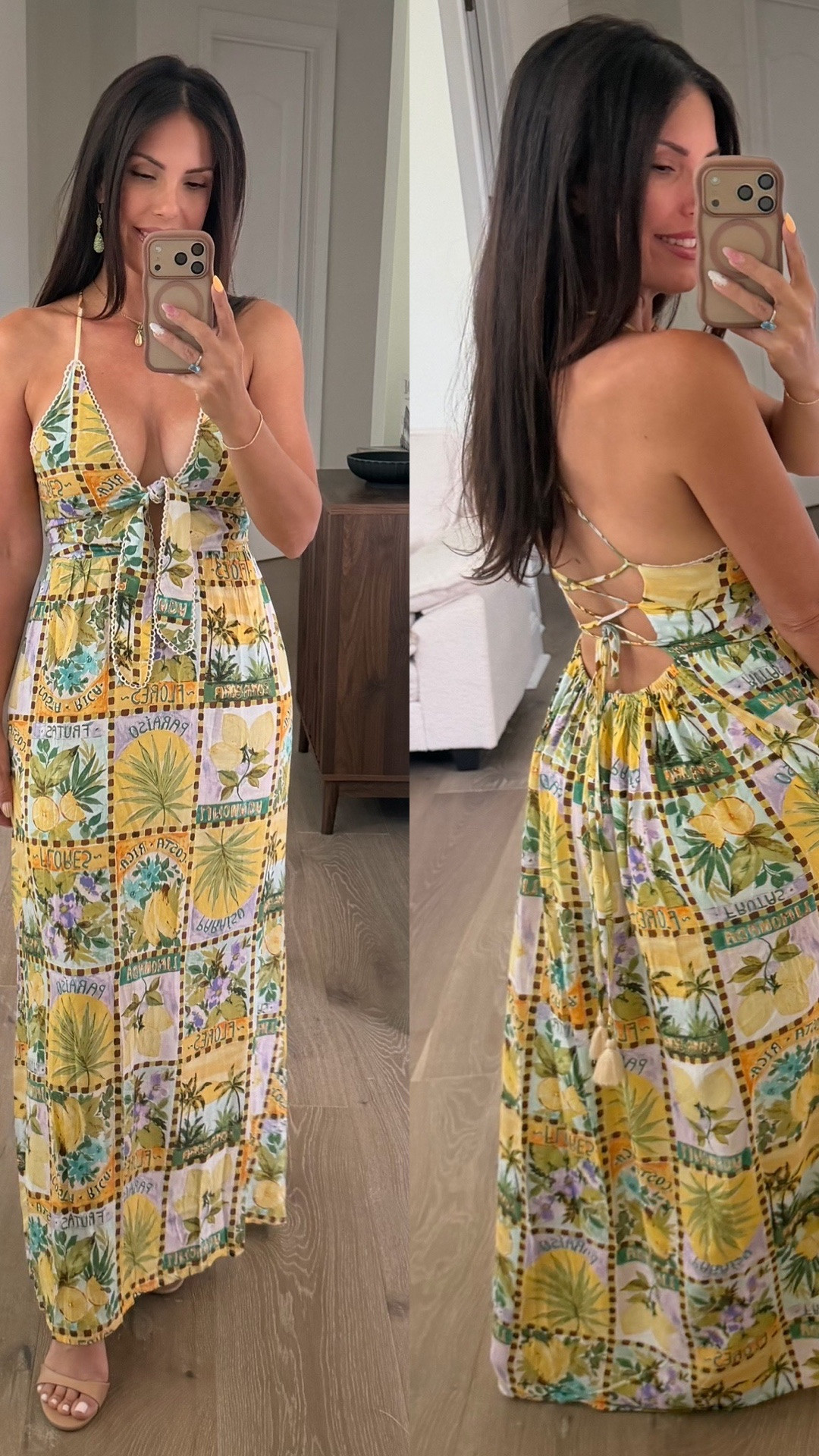 Vacation dress. Beautiful yellow tropical print maxi dress. 
I lined two versions. 
Wearing a small
Target heels that are so comfortable.