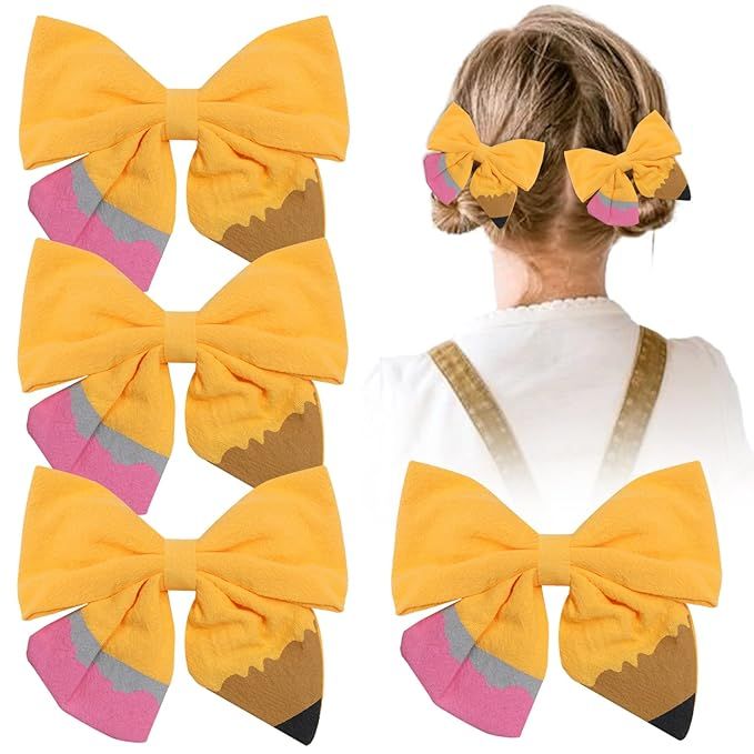 Back to School Pencil Hair Bows Clips,The Hand Painted Yellow Pencil Schoolgirl Pigtail Bows Clip... | Amazon (US)