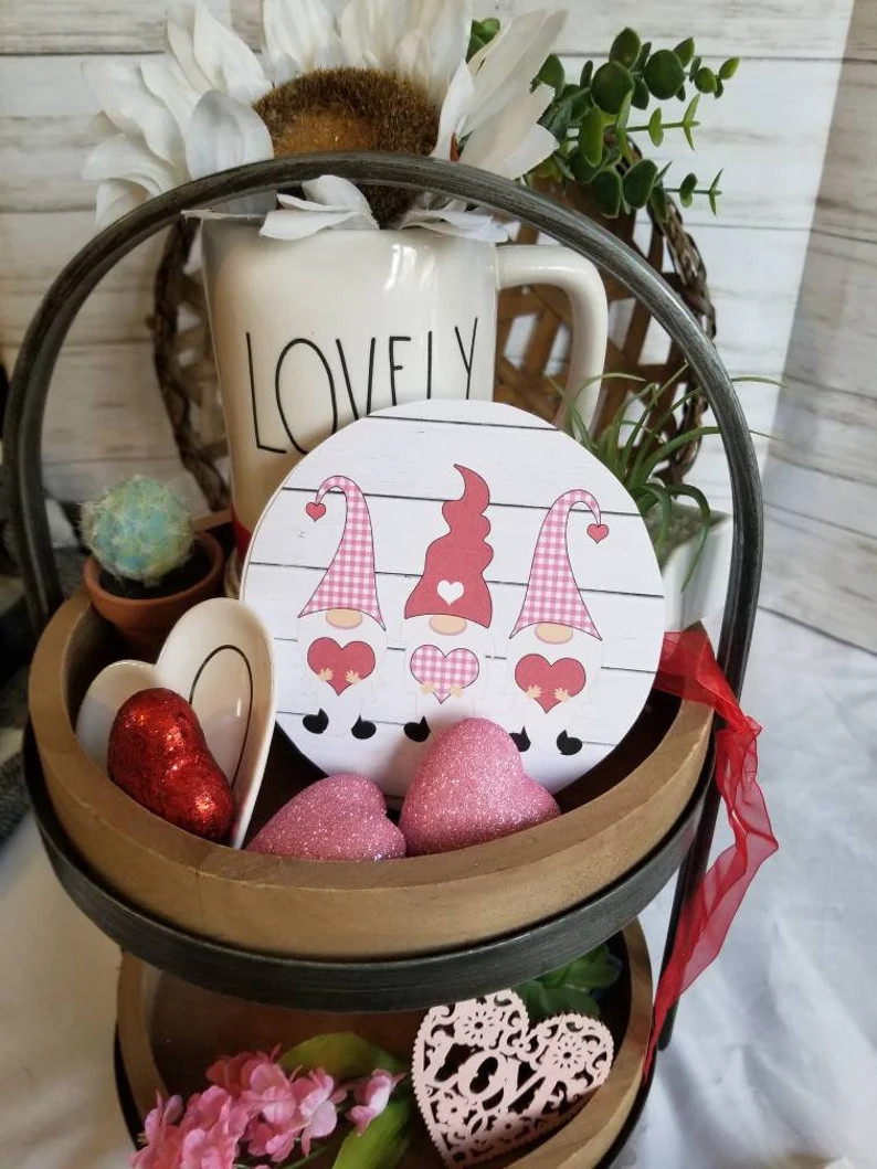 Gnome Valentine sign, gnome sign,  Tiered tray valentines day decor, Tiered tray decor Valentines... | Etsy (US)