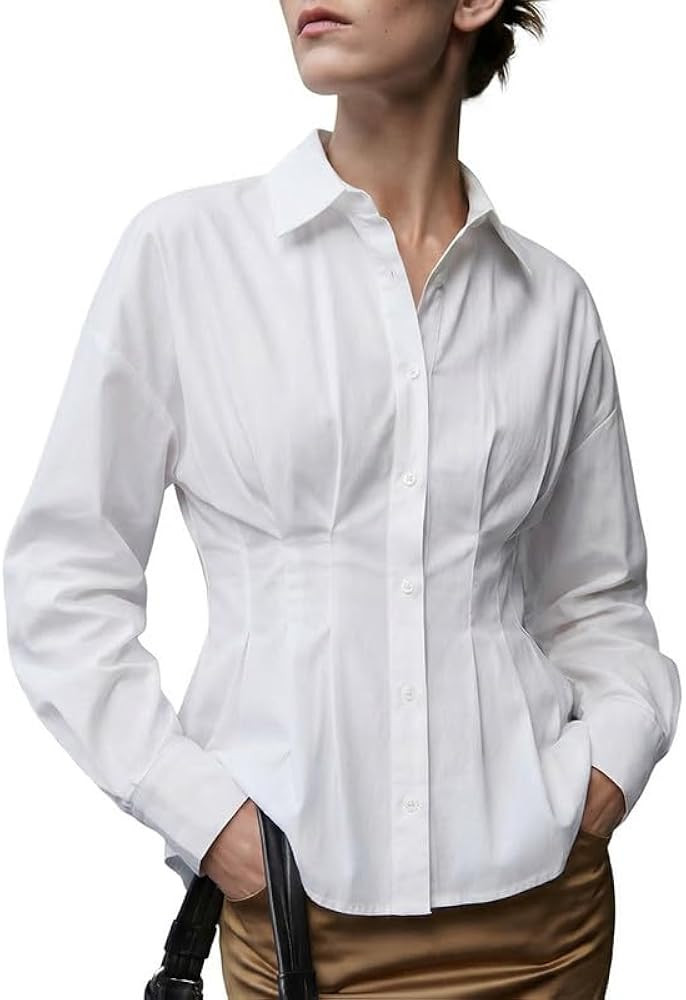 URBAN REVIVO Womens Fitted Waist Button Down Shirt, Long Sleeve Collared Pleated Blouse | Amazon (US)