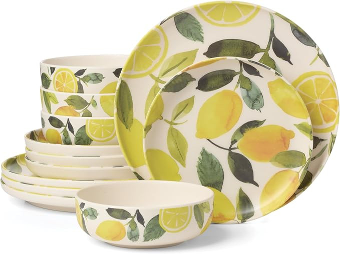 Oneida Dinnerware Sets, 24 Seven Melamine Lemon 12-Piece Dinnerware Set, Set for 4, Service For 4... | Amazon (US)
