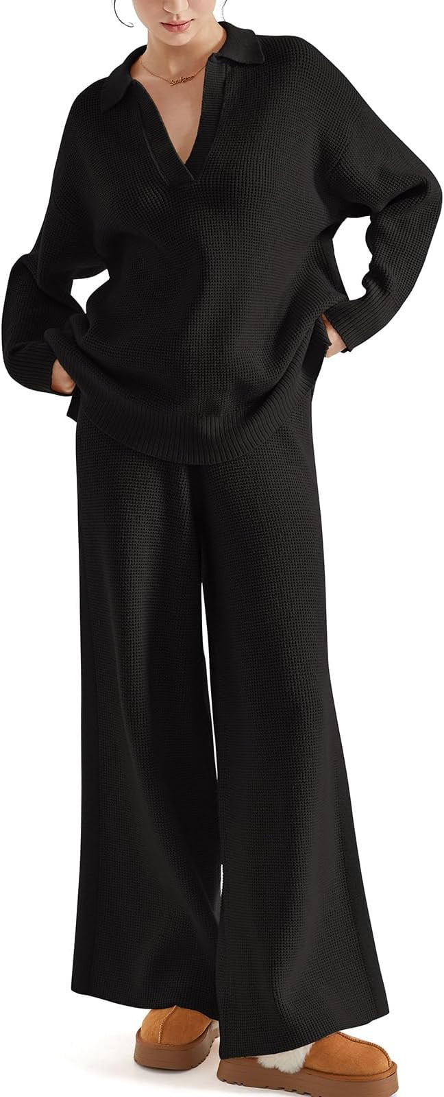 SUUKSESS Women 2 piece Fall outfits Matching Lounge Set Waffle Knit Sweater sets | Amazon (US)