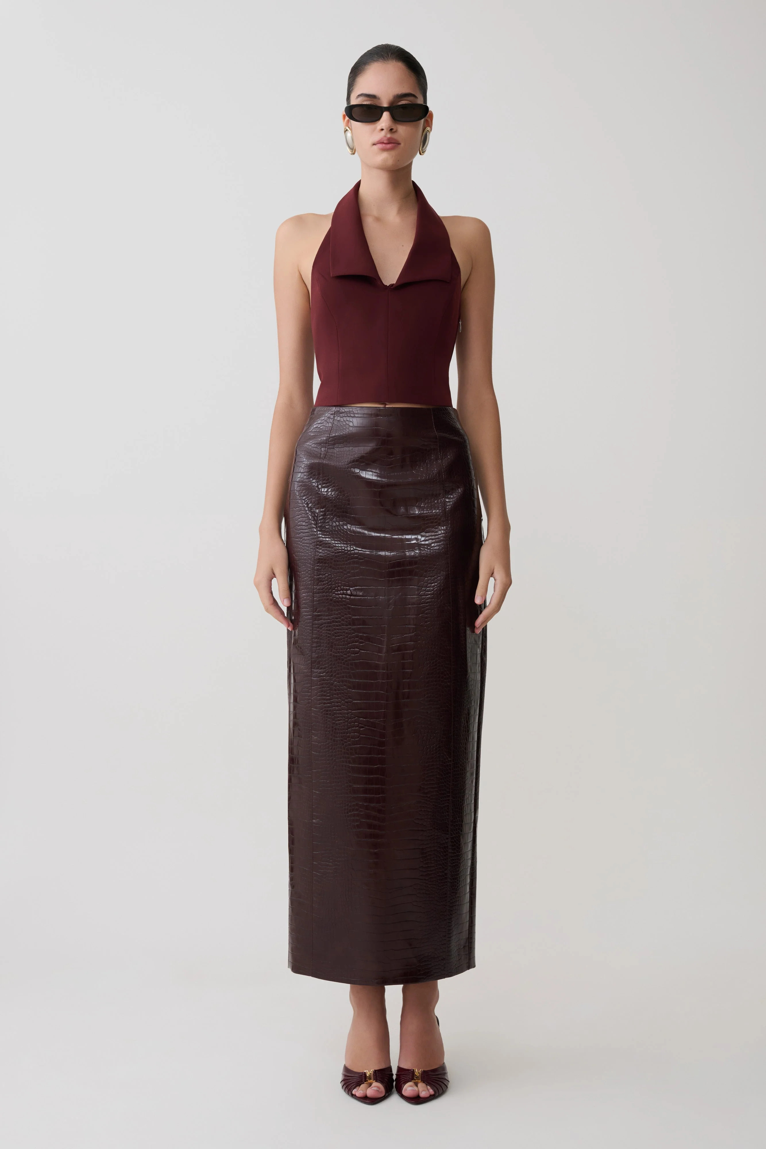 Croc Faux Leather Midi Skirt - Merlot | MESHKI US