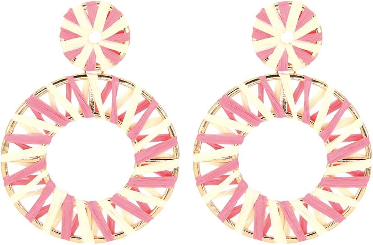 Boho Raffia Earrings Statement Drop Earrings Round Dangle Bohemian Earrings for Women | Amazon (US)