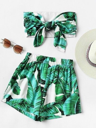 Leaf Print Random Bow Tie Crop Bandeau Top With Shorts | SHEIN