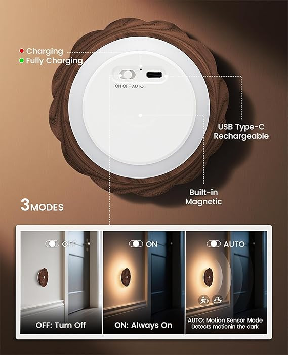 Motion Sensor Night Light Wooden Carved Flower USB Rechargeable Stick-On Step Lights Magnetic Min... | Amazon (US)