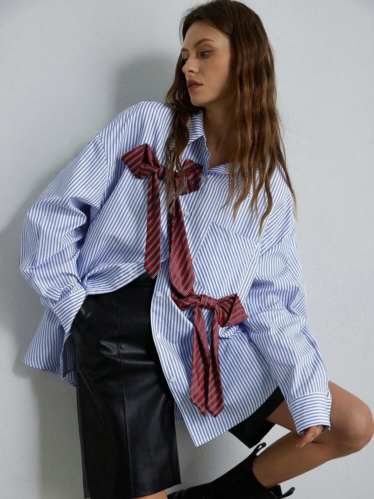 Aveloria Modichic Women's Oversized Boyfriend Style Striped Bow Decor Button Down Shirt, Autumn/W... | SHEIN