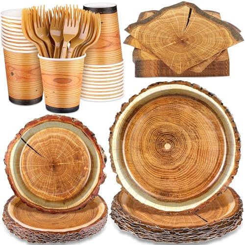 durony 144 Pieces Camping Wood Grain Slice Dinnerware Set Rustic Wood Party Supplies Paper Plates... | Amazon (US)