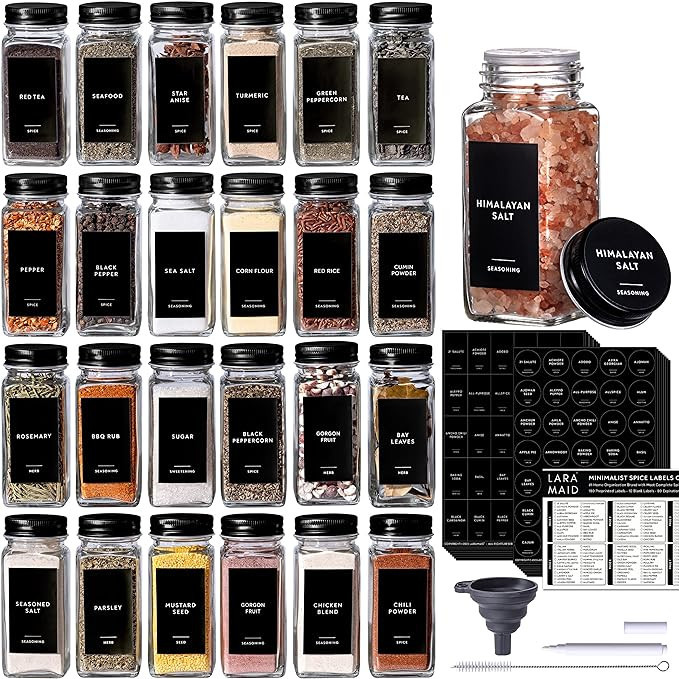 Laramaid 4oz 63Pack Glass Jars with 459 Minimalist Black Spice Labels, Shaker Lids Dispenser with... | Amazon (US)