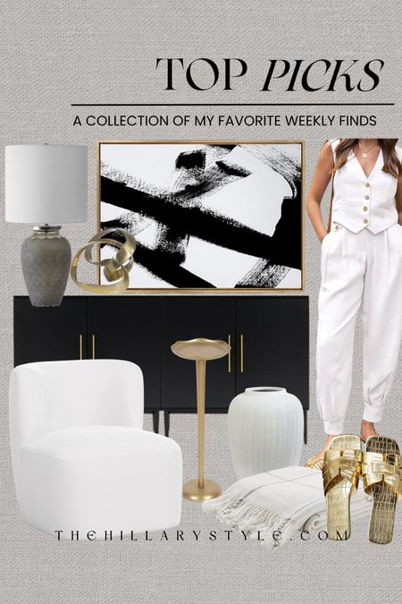 My Weekly Top Picks Home and Fashion: home decor, and furniture from Amazon, target Walmart. White jumpsuit wall art black cabinet, white accent chair, ceramic vase, gold accent table, ceramic lamp, gold decor, throw blanket, gold sandals.