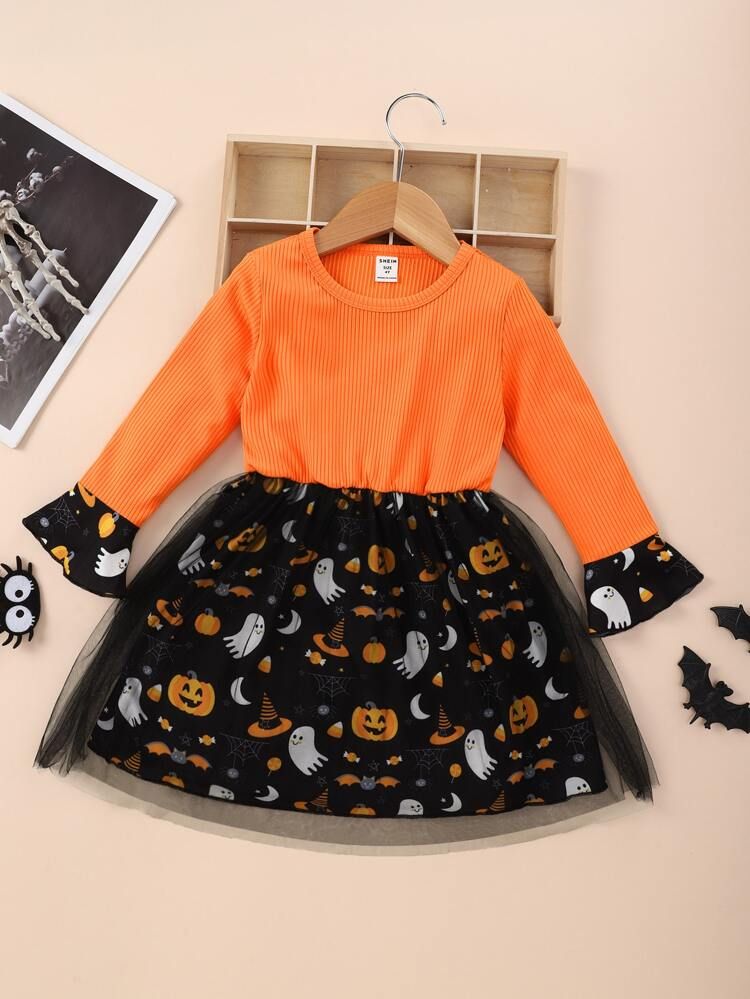 Toddler Girls Halloween Print Flounce Sleeve Contrast Mesh Dress | SHEIN