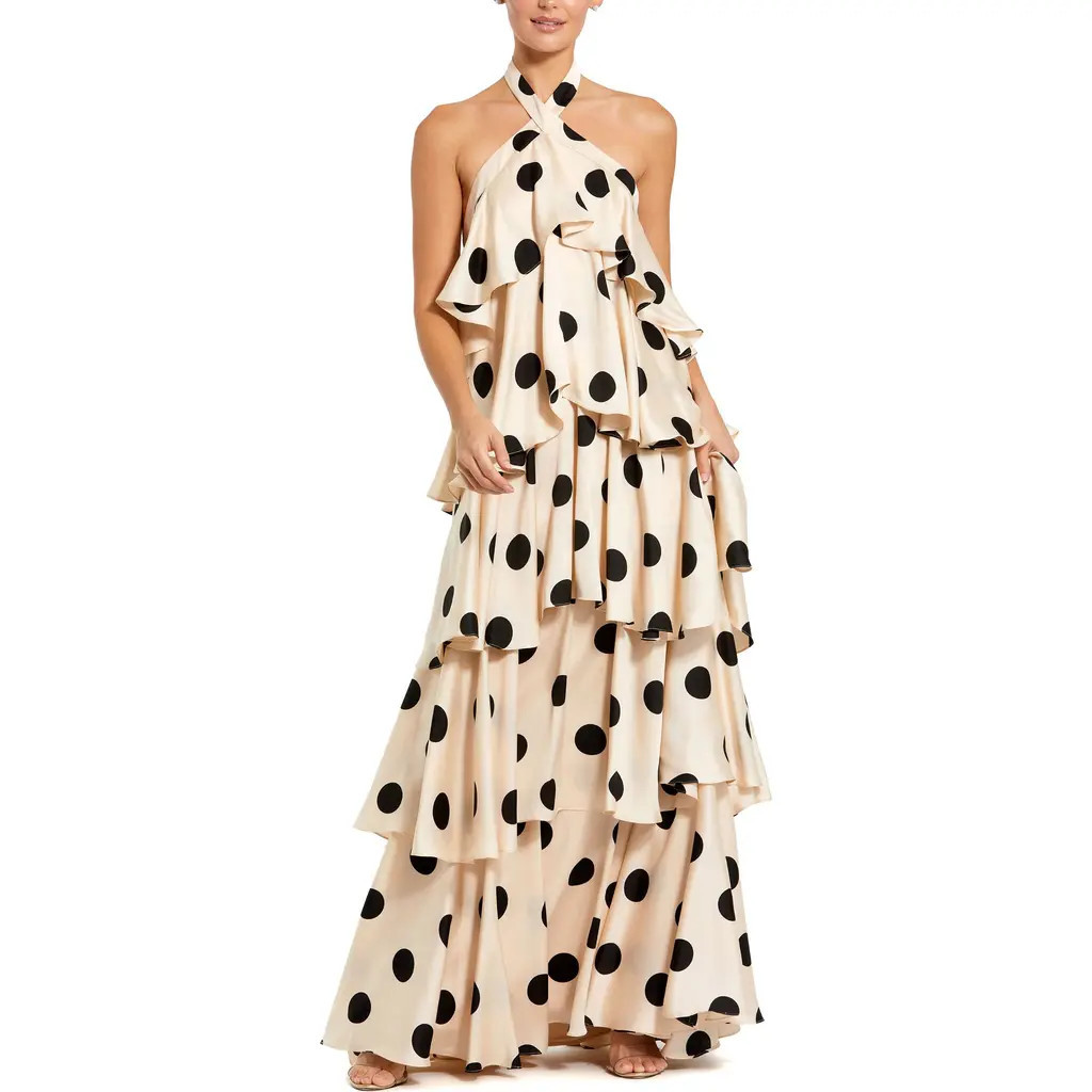 Mac Duggal Polka Dot Charmeuse Halter Tiered Ruffle Gown in Cream Black at Nordstrom, Size Small | Nordstrom