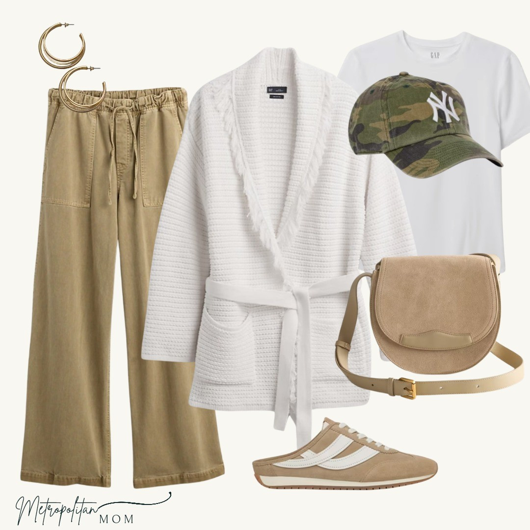 Travel Day Uniform: neutral layers with texture that keep you comfortable and chic from airport to arrival. Drawstring pants, fringe cardigan, white tee bodysuit, Vince backless sneakers, camo NY cap, and a suede Quince crossbody.Sizing note: Recommend ½ size up in sneakers.

#LTKootd #LTKSaleAlert #LTKTravel