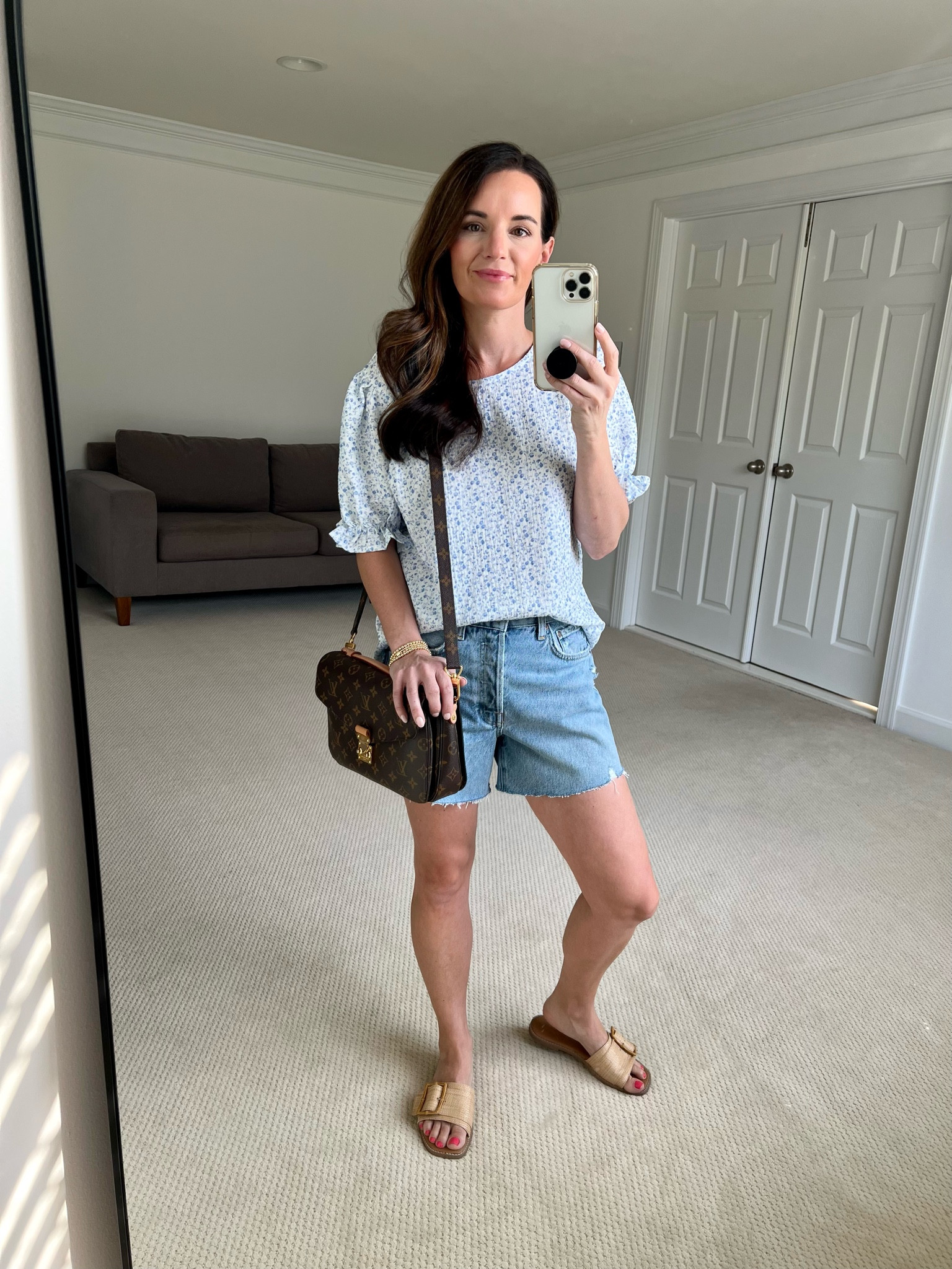 • New agolde Parker long shorts. Same shorts as the cut offs I rave about all the time except a tad longer. I love both! Fit tts - size up one if you have hips/butt. 
• Top is from Amazon. Available in other colors. Fit tts. Wearing S.
• Sandals are from target but look designer. Fit tts. Wearing 6.5