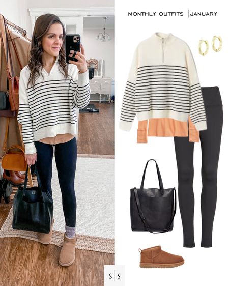 Monthly outfit planner : JANUARY looks | #leggings #stripedsweater #everydaylook #loungewear #winteroutfit | See entire calendar on thesarahstories.com ✨

#LTKstyletip