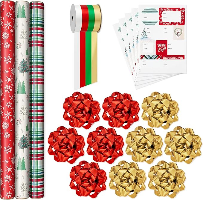 Hallmark Rustic Red and Green Christmas Wrapping Paper Set (90 sq. ft. ttl, 10 Bows, 4 Ribbon Col... | Amazon (US)