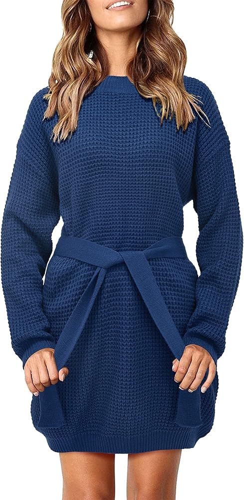 KILIG Women Long Sleeve Sweater Dress Tie Waist Casual Crewneck Loose Knit Pullover Sweater | Amazon (US)