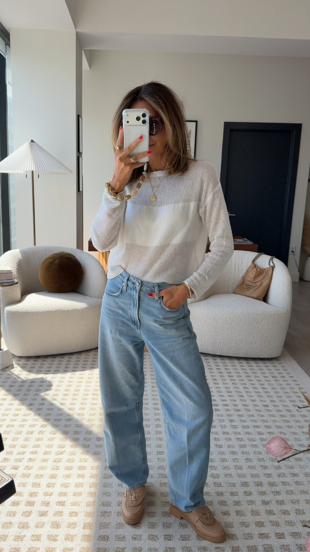 What I’m wearing to the office today! 
White fuzzy sweater xs - fits boxy
Light wash jeans barrel leg and Chanel interlock mules 
Linking my cellphone case and sunnies also! 

#LTKootd #LTKOver40 #LTKdayinmylife