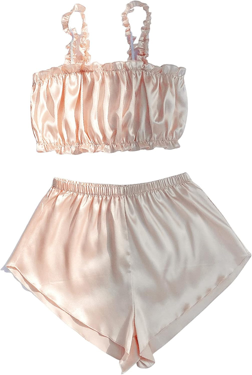 Verdusa Women's 2 Piece Satin PJ Set Frill Trim Cami Shorts Sleepwear Pajama Set | Amazon (US)