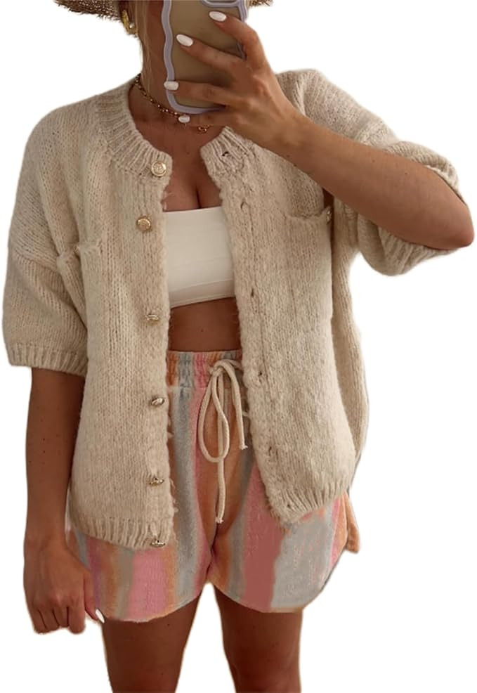 Women Y2k Crop Knit Cardigan T-Shirt Short Sleeve Button Down Casual Knitted Tees Y2k Girls Crop ... | Amazon (US)